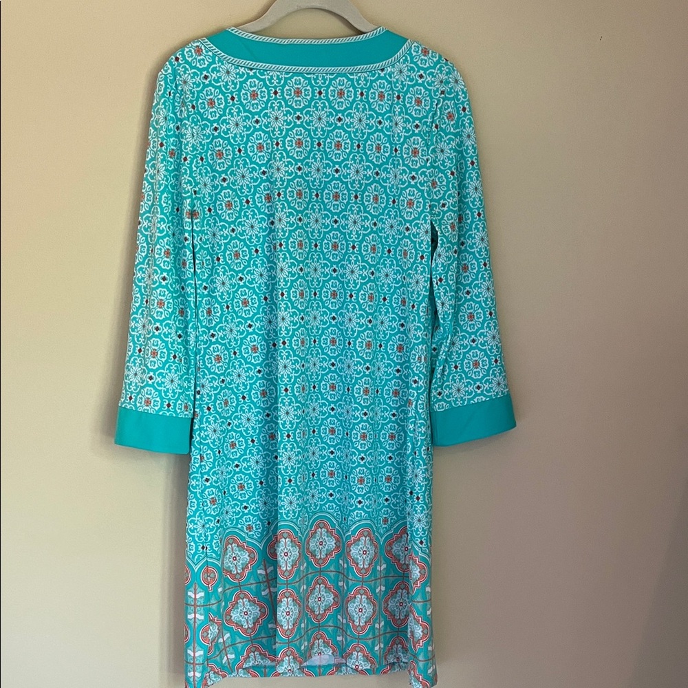 Talbots Aqua And White Patterned Long Sleeve Dress - image 3